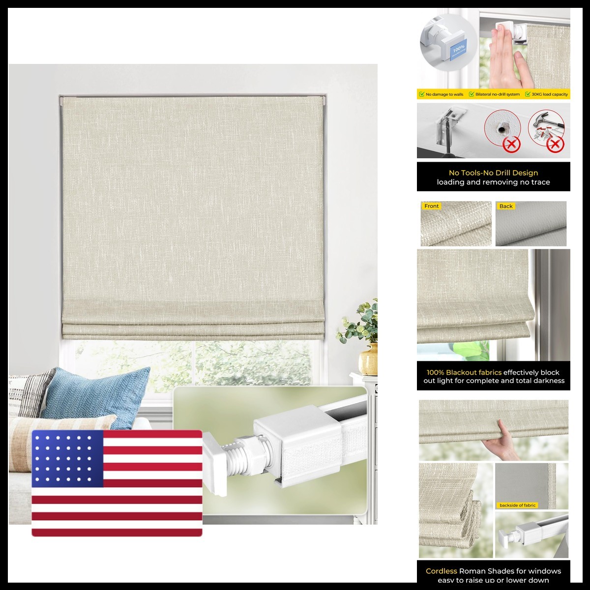 UNISHADES No Drill Cordless Roman Shades Room Darkening 26×48 in Beige