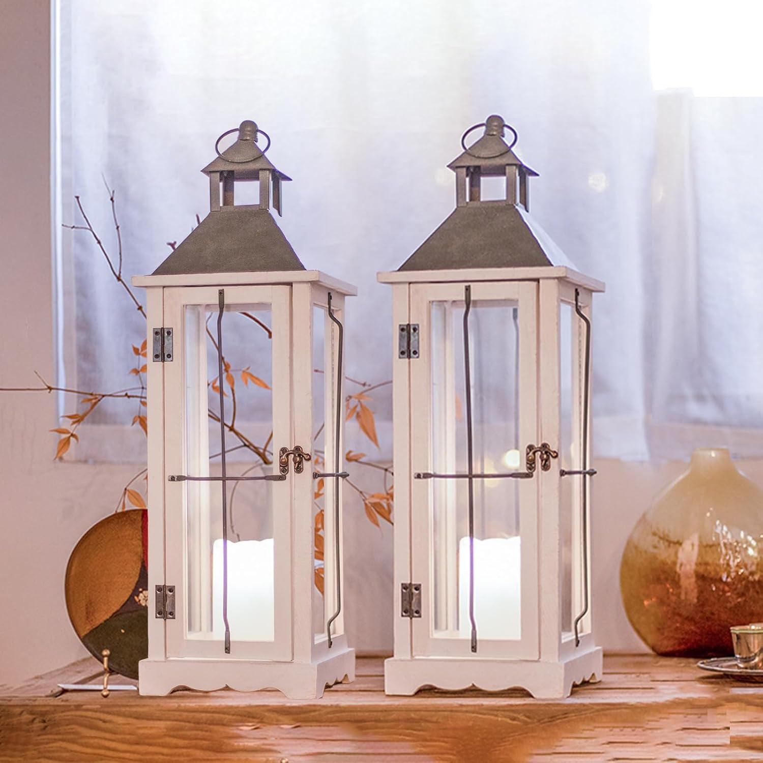 2 Pack 26In Farmhouse White Waterproof Wood Metal Decorative Lanterns with Remot