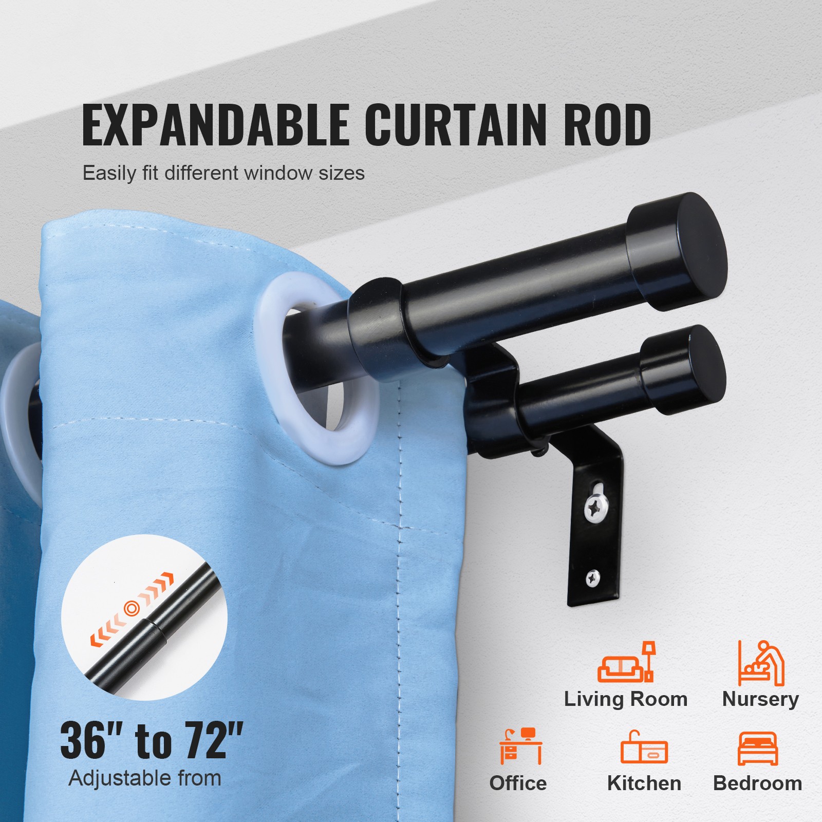 VEVOR Double Rod Curtain Rods 36-72 inches(3-6ft) Adjustable Length Cap Finials