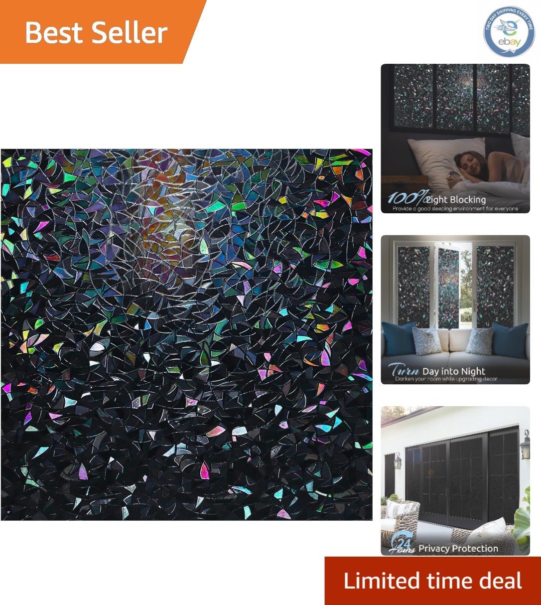 Decorative Black Stained Glass Film – Room Darkening Privacy, 17.5 x 78.7 inches