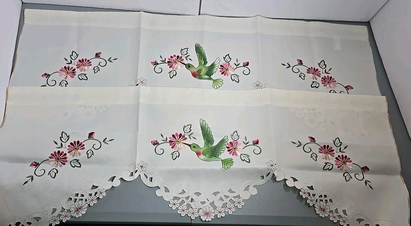 2 Embroidered Hummingbird Window Valance Spring Blooms Birds Valance 40″L×14″