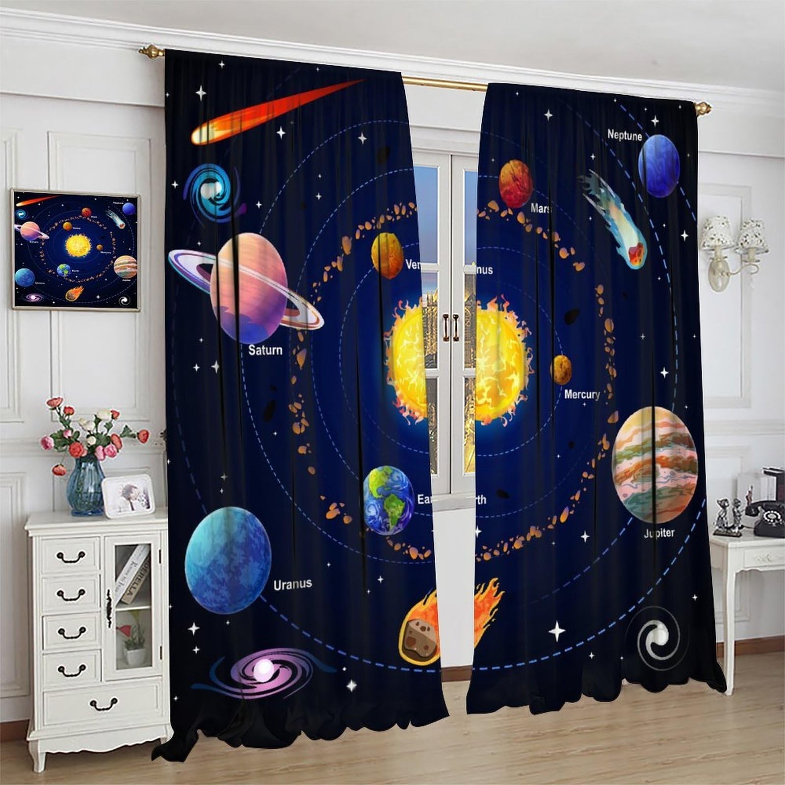 Solar System Window Curtains for Kids, Outer Space Window Treatments for Bedr…