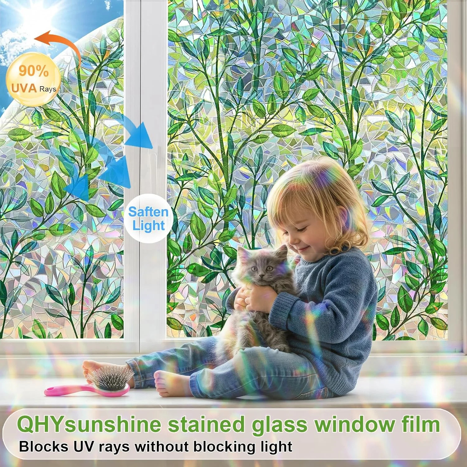 Rainbow Window Privacy Film Stained Glass Cling Non Adhesive Vinyl 17.5 x 78.7in
