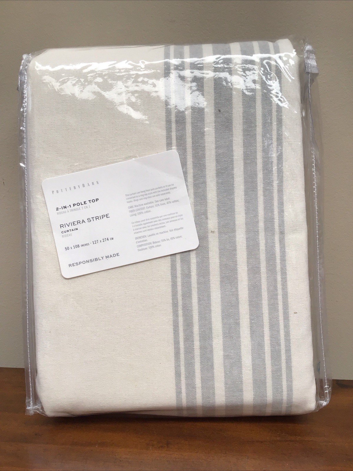 NEW Pottery Barn Riviera Striped Curtain Drape Panel (1) Porcelain Blue 50×108″