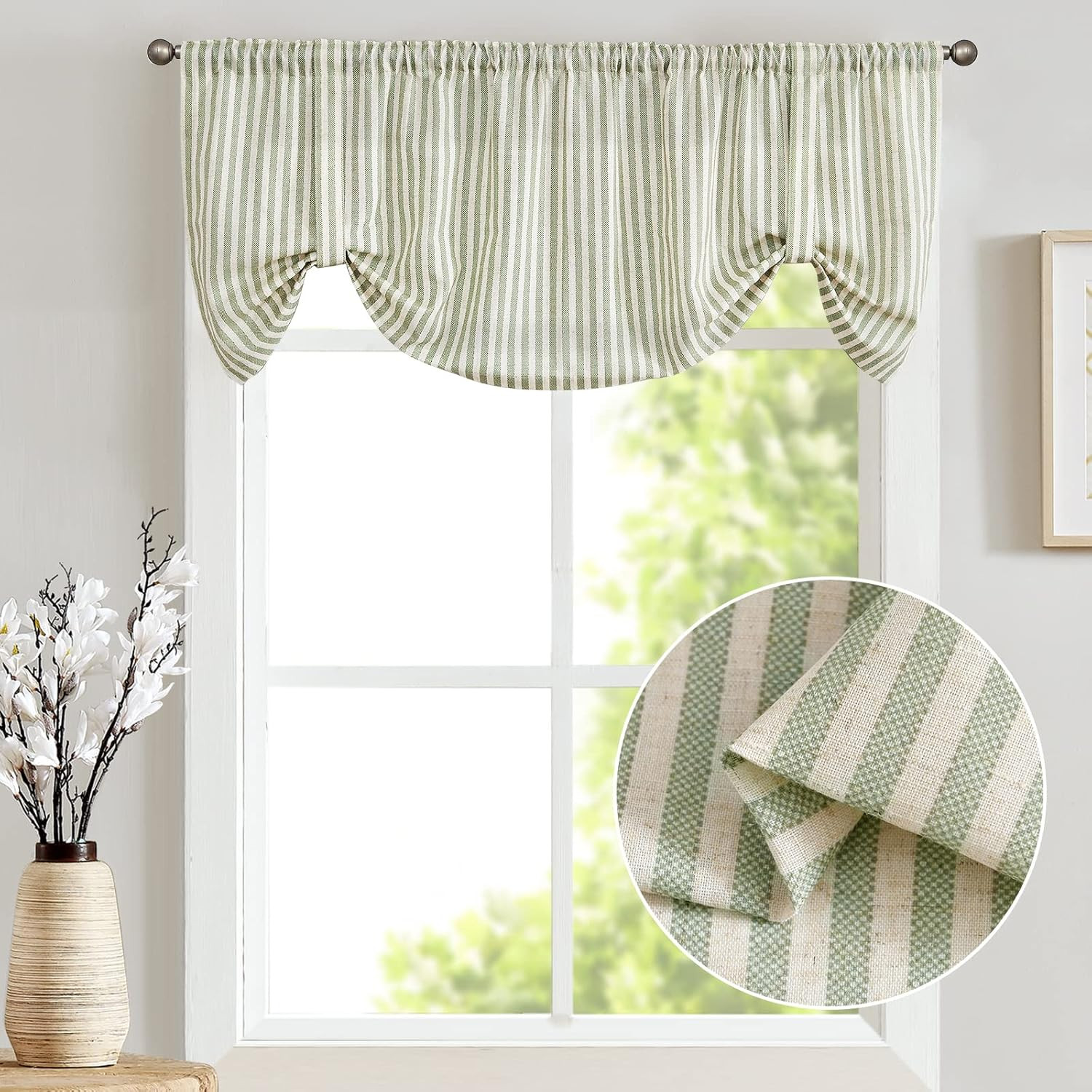 Tie up Linen Textured Striped Bow Tie Curtain for Kitchen Bathroom Rod Pocket Pi