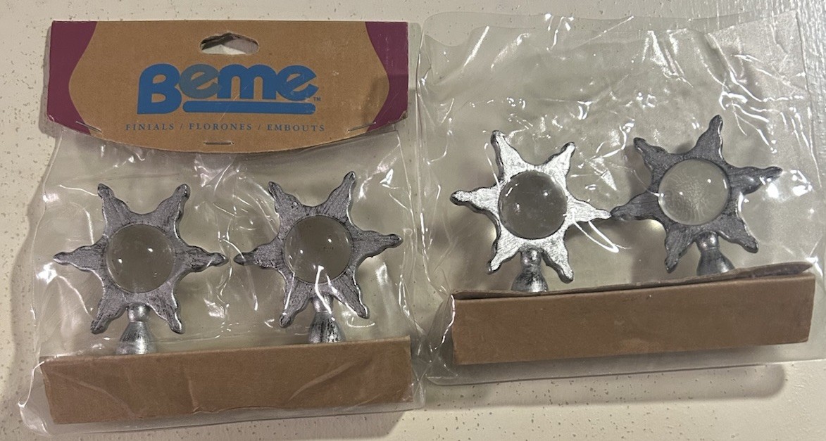 VTG 2 Pk Curtain Rod Finials Silver Stars Clear Globe Center Beme~Celestial 2002
