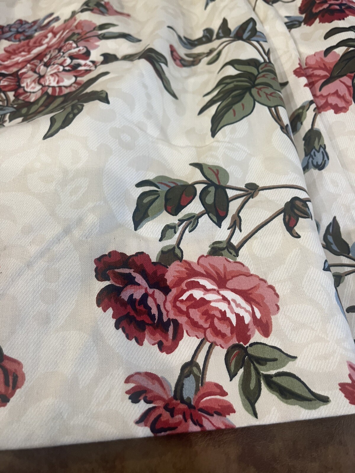 CUSTOM FLORAL WINDOW TREATMENT DESIGNER CHINTZ PANELS LINED TRIM CREAM 2