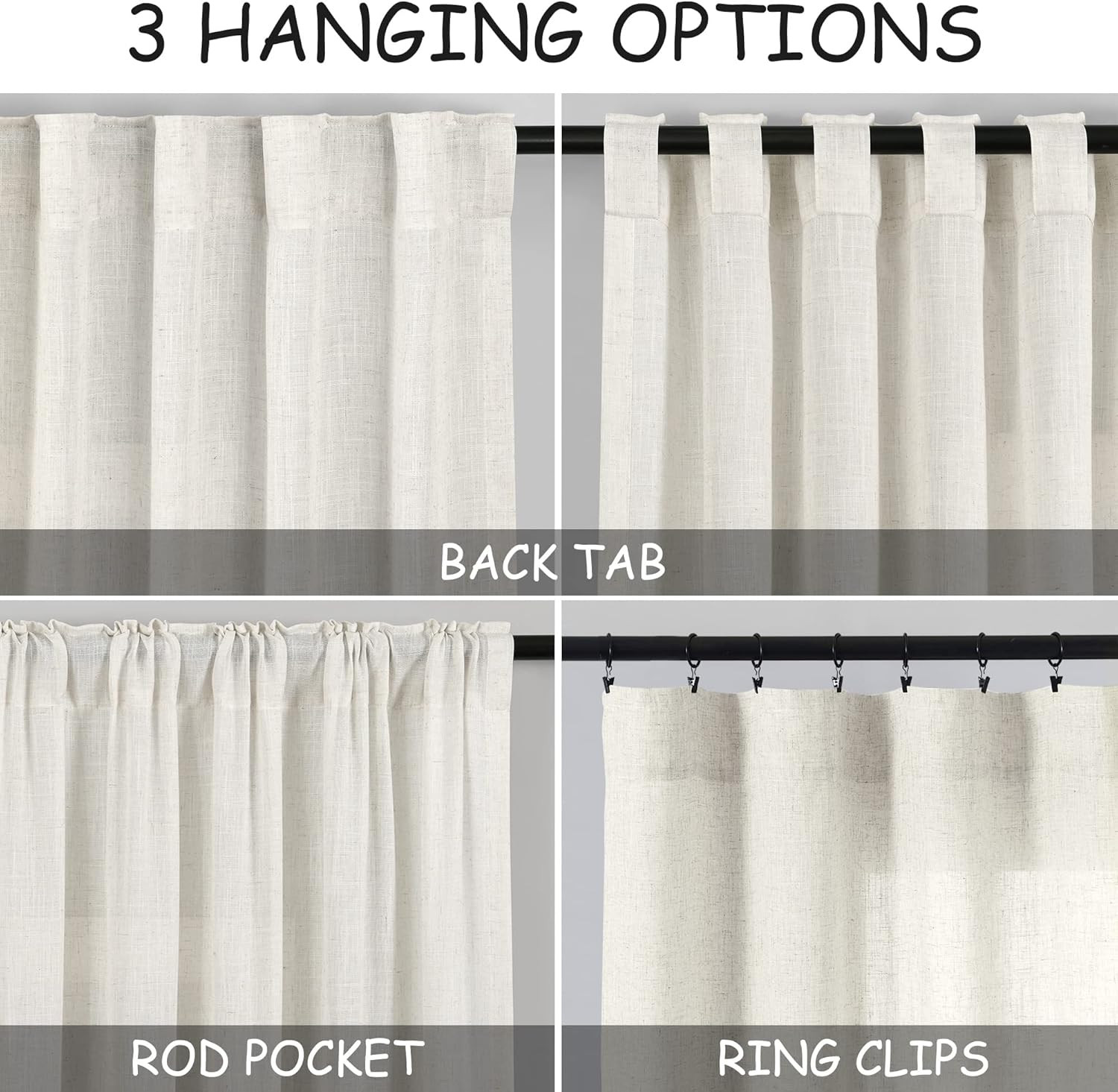 Cream Linen Back Tab Curtains 84 Inch Length for Living Room 2 Panel Set Neutral