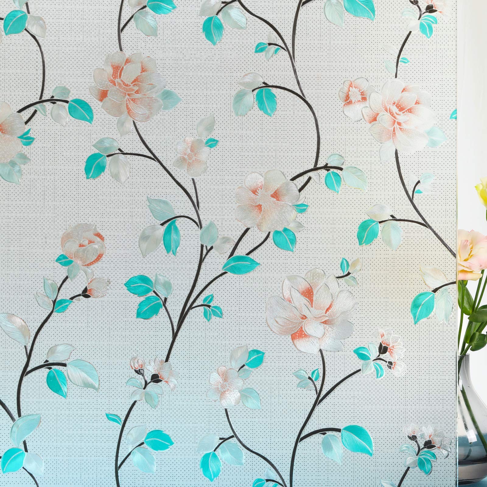 Decorative Window Film Flower, Static Cling Glass Door Privacy Film Non-Adhes…