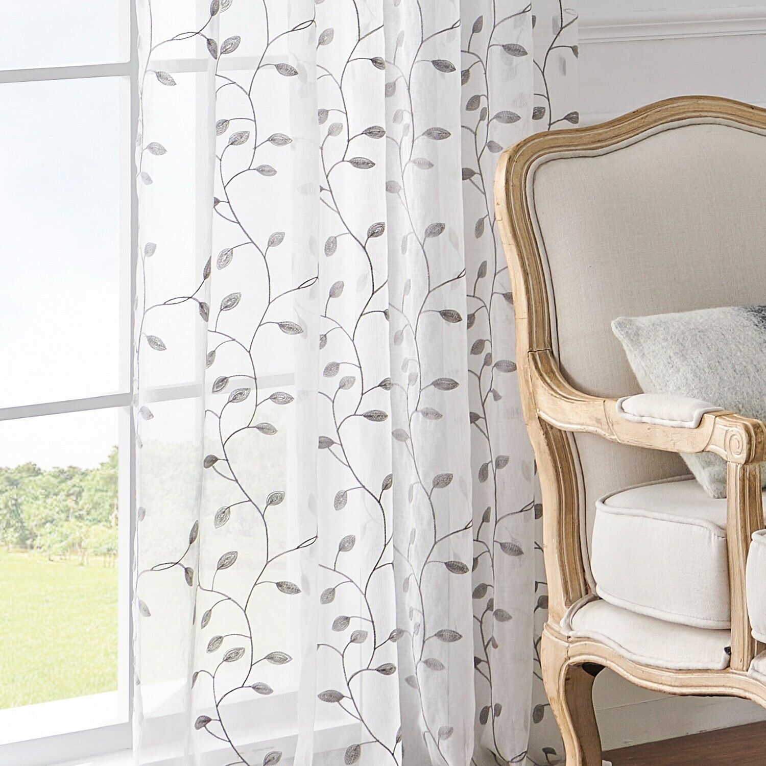 2 Panels Embroidered Leaves Semi Sheer Voile Window Curtains Drapes Living Room