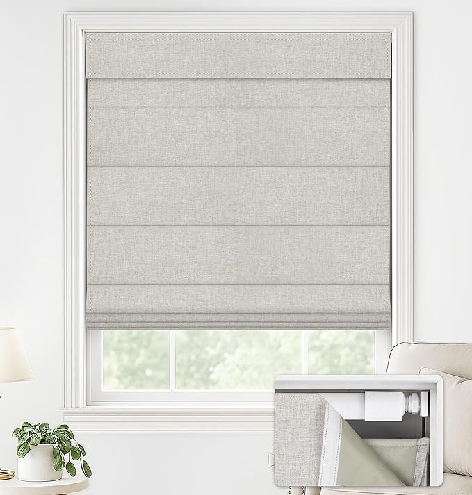 No Drill Cordless Roman Shades 25″ W x 64″ H Blackout Beige