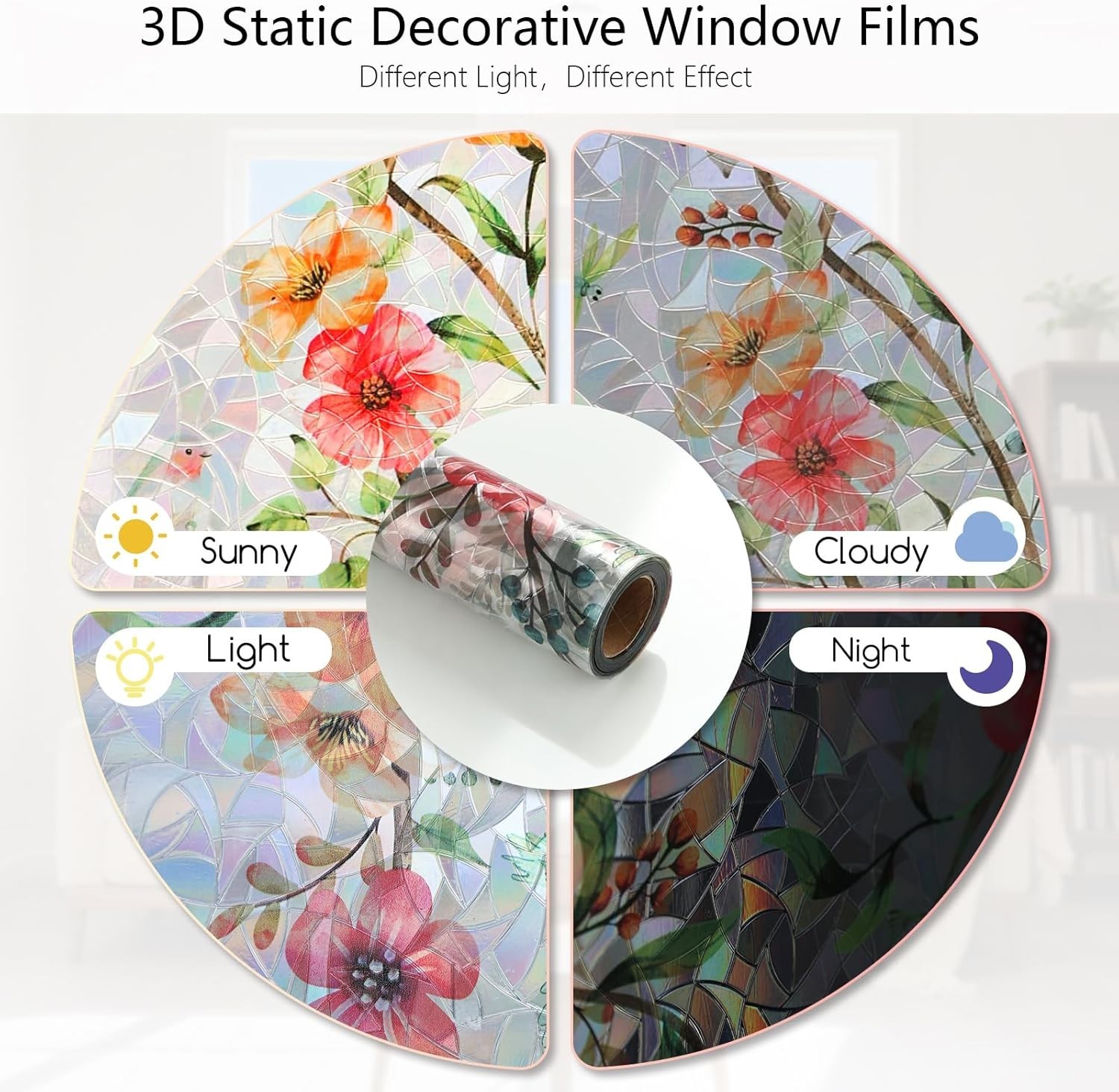 Elegant Floral Stained Glass Window Film – UV Blocking & Static Cling, 17.5×78.7