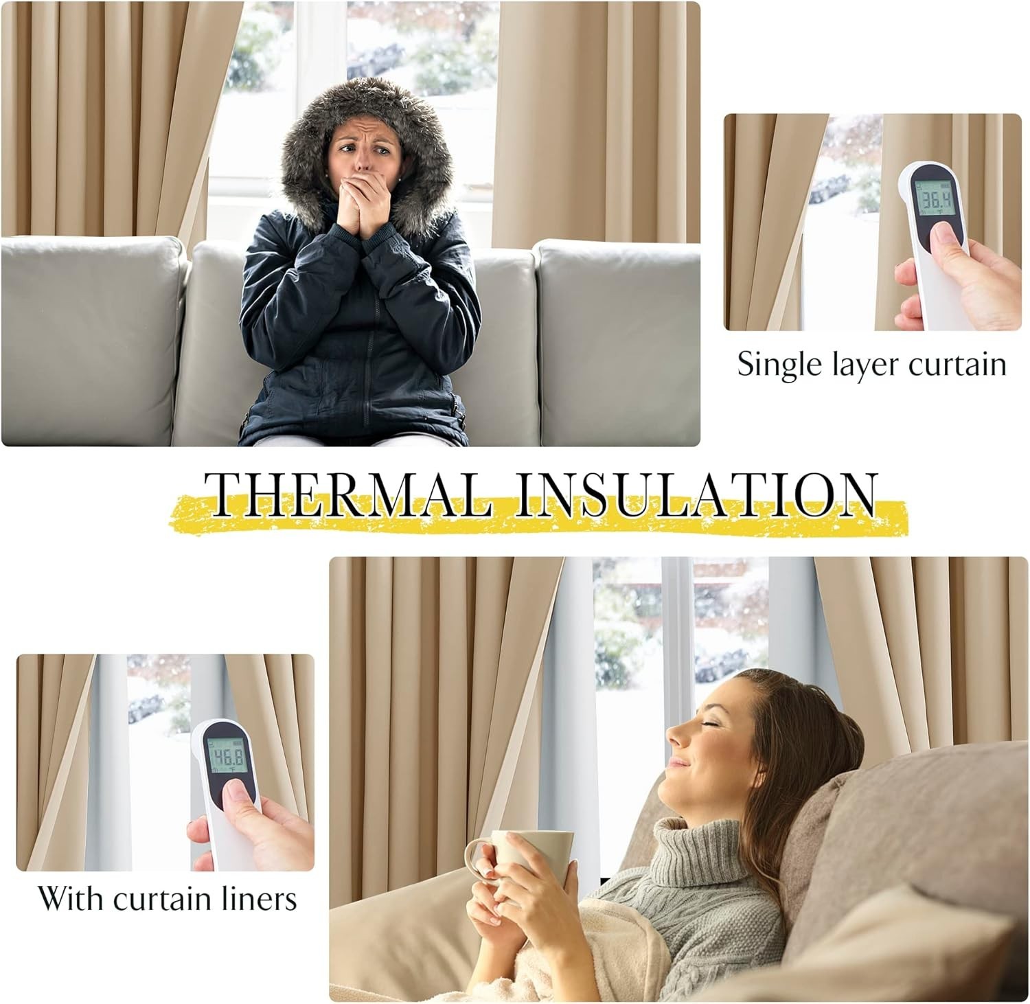 Blackout Curtain Liners for Sheer Curtains, Cold Heat Light Noise Blocking Li…