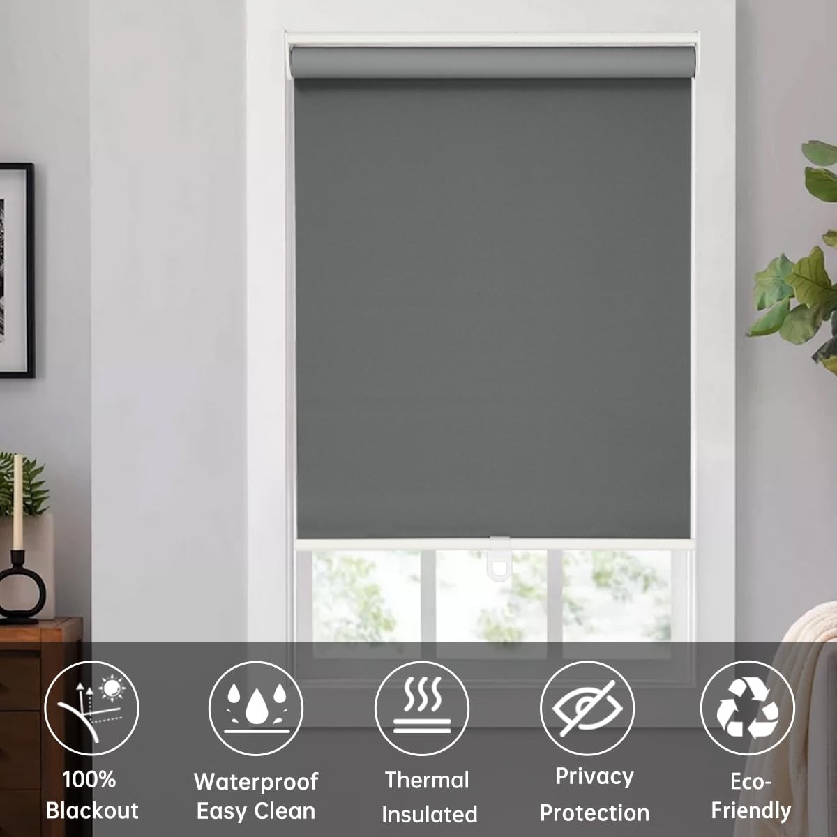 Cordless Roller Shades Blackout Blinds for Indoor Windows,Pull Down Darkening…