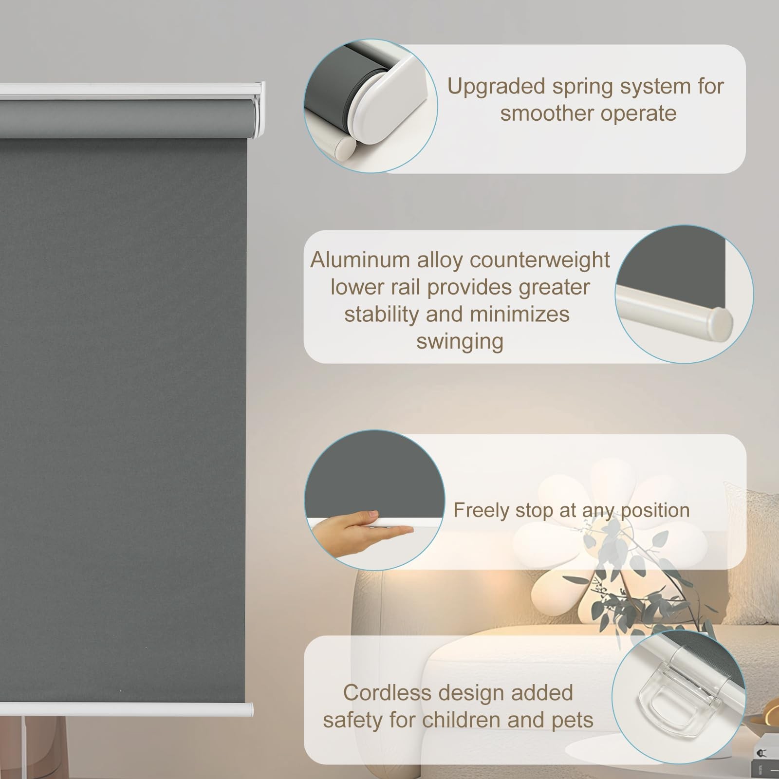 Cordless Roller Shades Blackout Blinds for Indoor Windows,Pull Down Darkening…