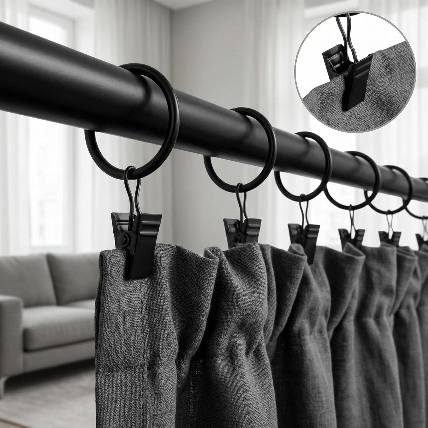 50PCS Curtain Rings with Clips – Curtain Clips Black Drapery Rings with Fastener