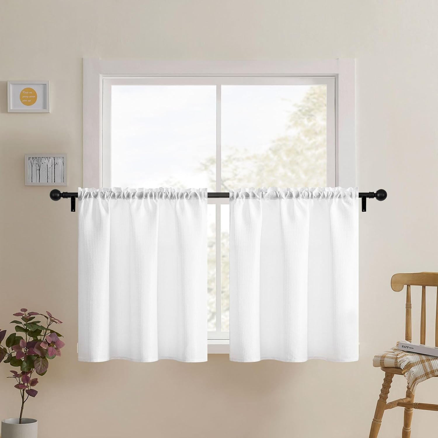Waffle Bathroom Window Curtains, Water Repellent 24″W x 24″L (Pack of 2) White