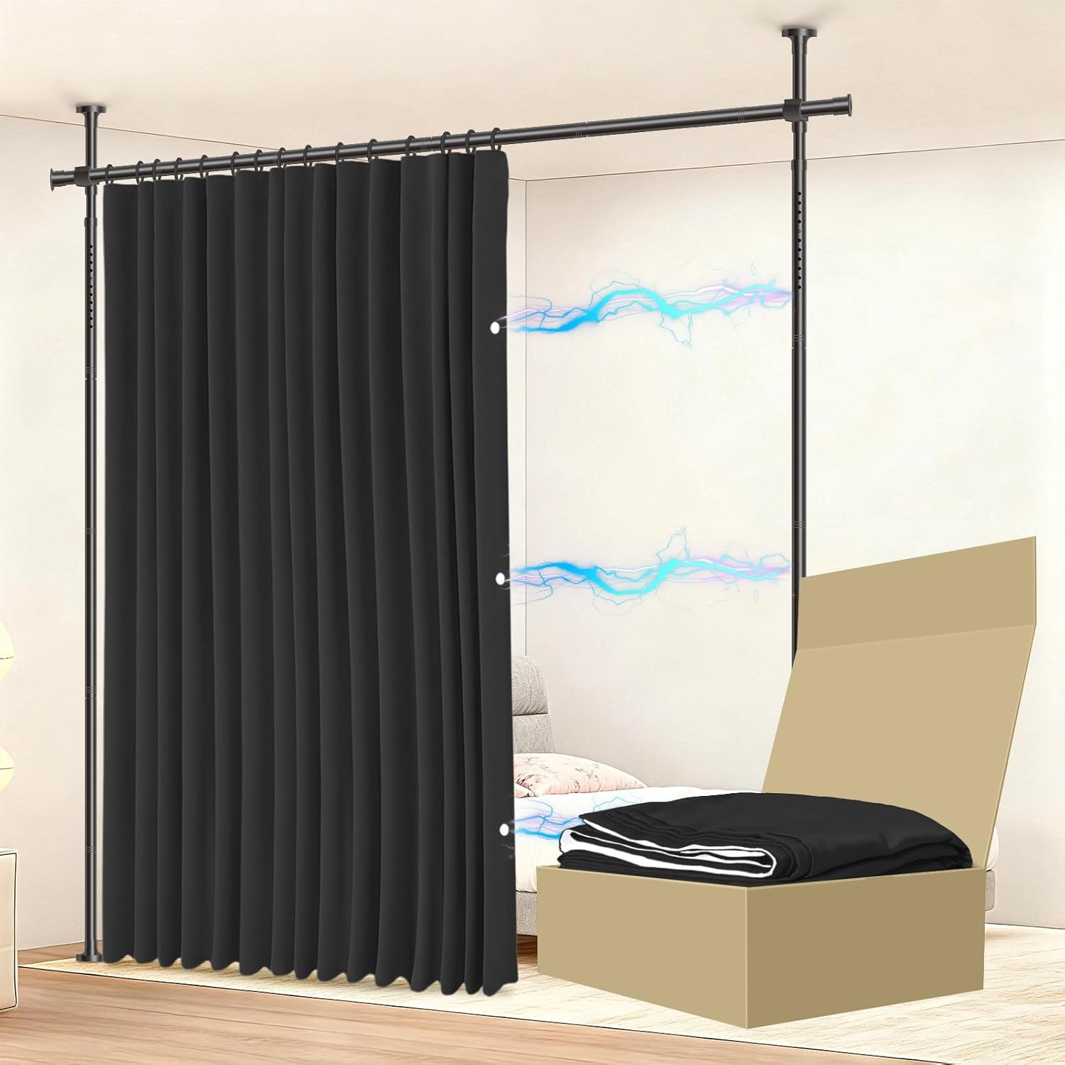 No Drill Room Divider Curtain Set Adjustable Tension Rod Black Privacy Screen