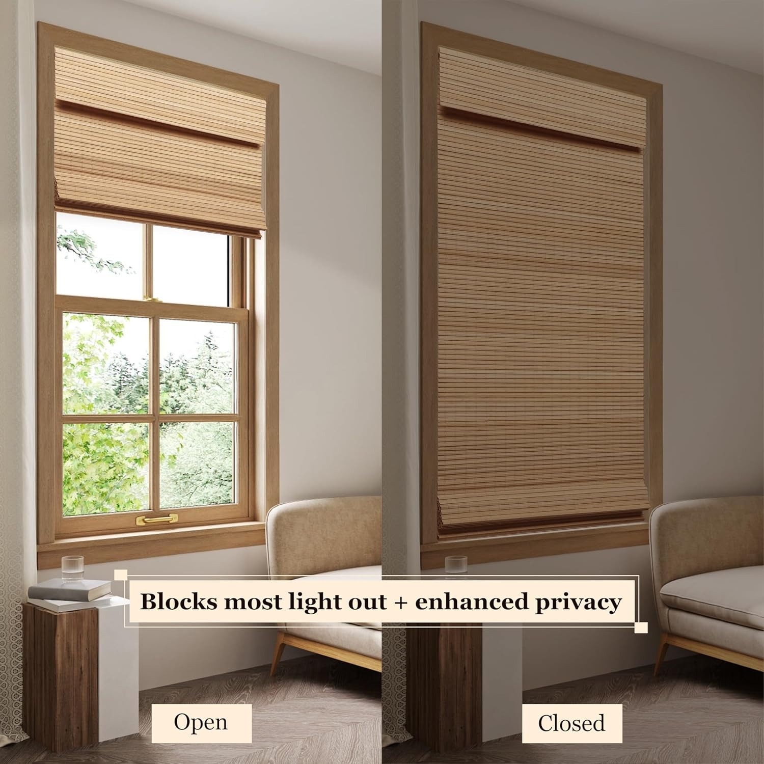 LUCKUP Cordless Bamboo Roman Blinds Shades for Indoor Windows-Blackout Blinds