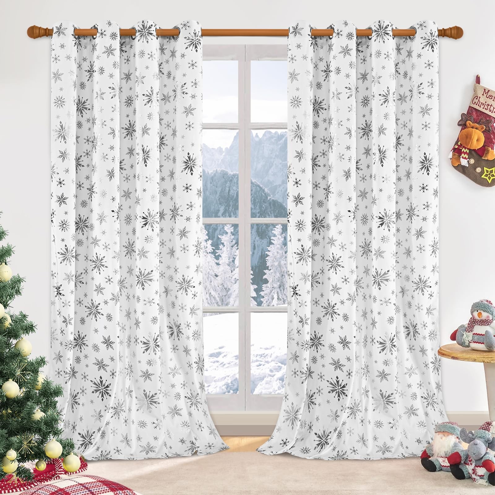 Christmas Curtains for Living Room, Silver Snowflake Foil Print Curtain, Velv…