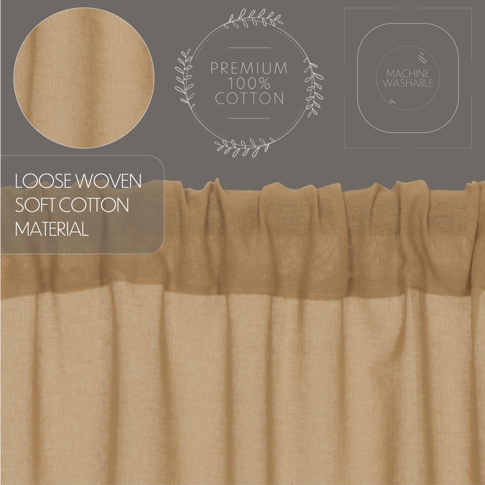 Tobacco Cloth Khaki PRAIRIE Short CURTAIN SET FRINGED Country Rustic Sheer 36×63