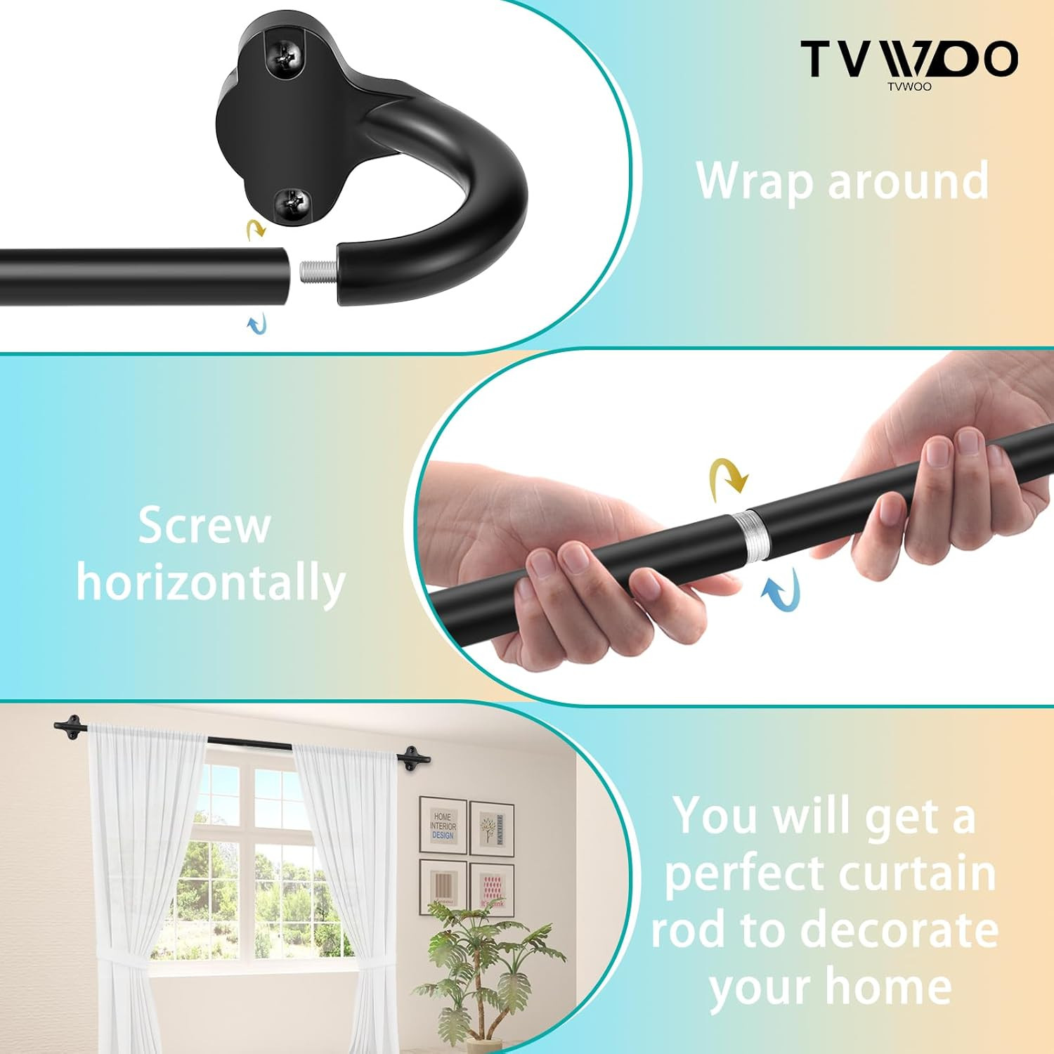 Black Wrap Around Curtain Rod 28-48 Inch Adjustable 5/8” Heavy Duty Metal Set