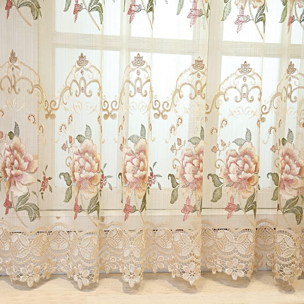Luxury Floral Embroidery Gauze Sheer Curtain for Bedroom Rod Pocket Top | Retro
