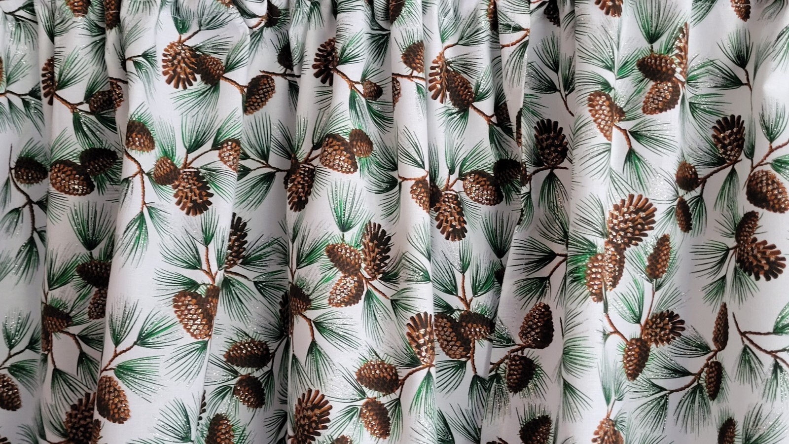 Pinecone Christmas Valance, Glitter Valance Curtain, White and Green Christmas