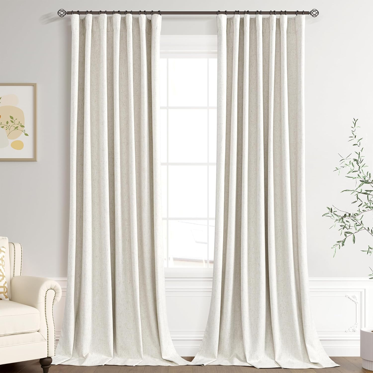 Extra Long 100% Blackout Linen Curtains for Bedroom 112 Inches Long Natural Crea