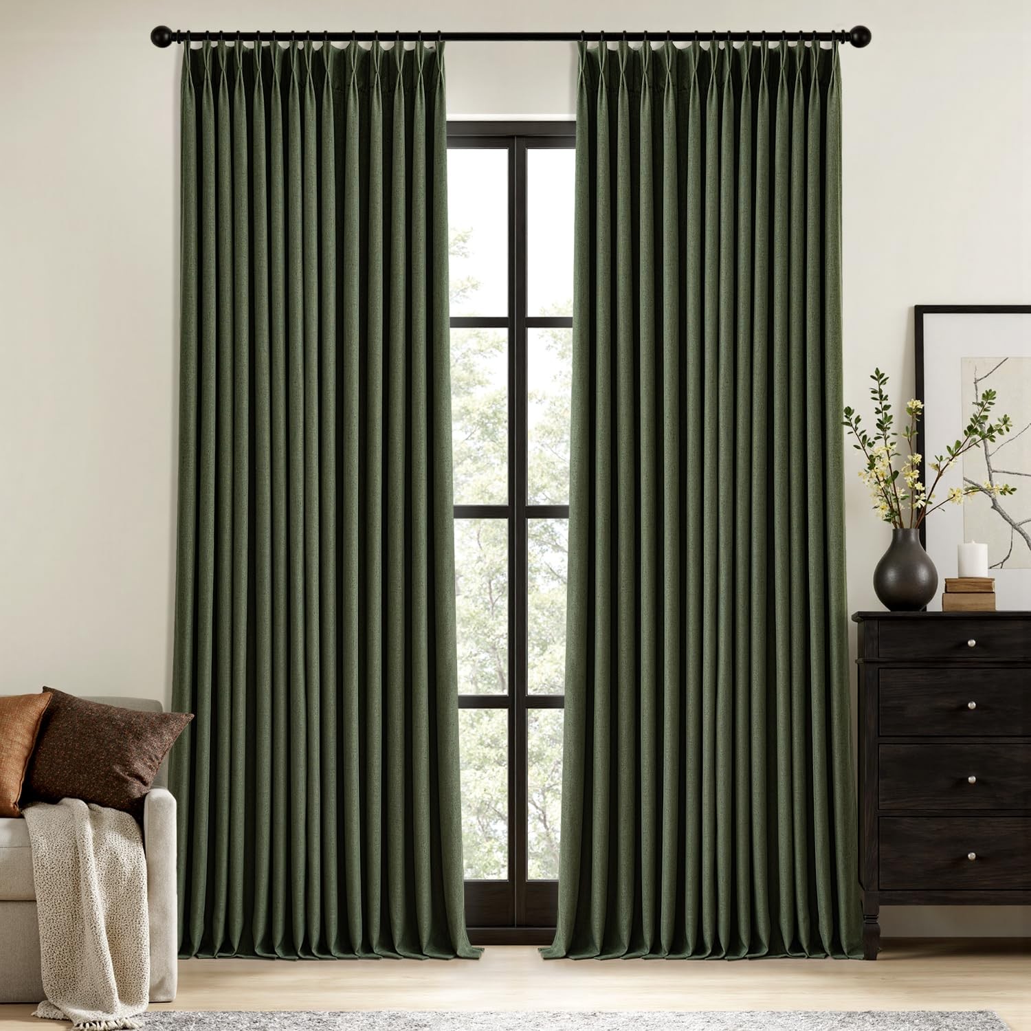 Olive Green Pinch Pleated 100% Blackout Linen Curtains for Bedroom, Room Dark…