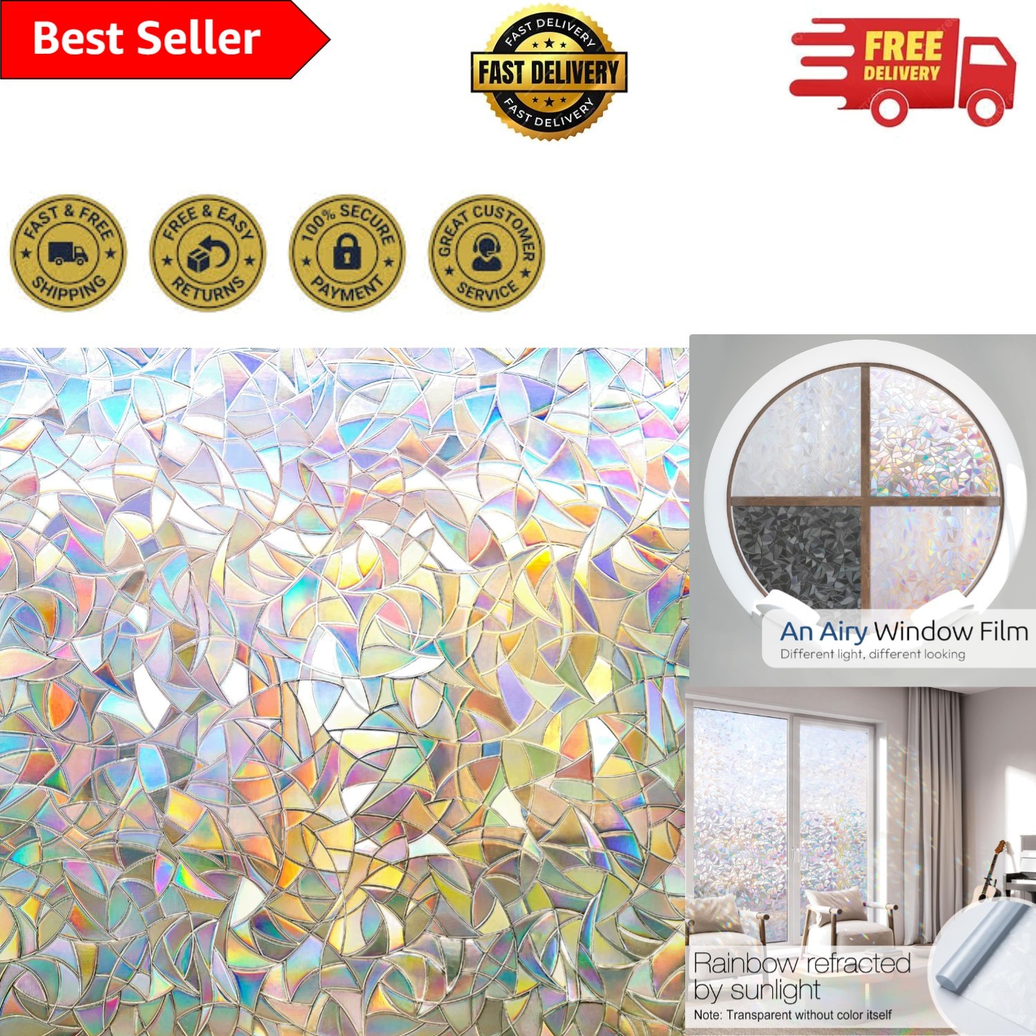 3D Rainbow Window Privacy Film, 78.7×17.5 in – UV Protection & Easy Install