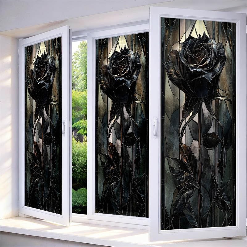 Privacy Window Film Gothic Black Rose Stained Glass Static Cling 17.7″x39.3″