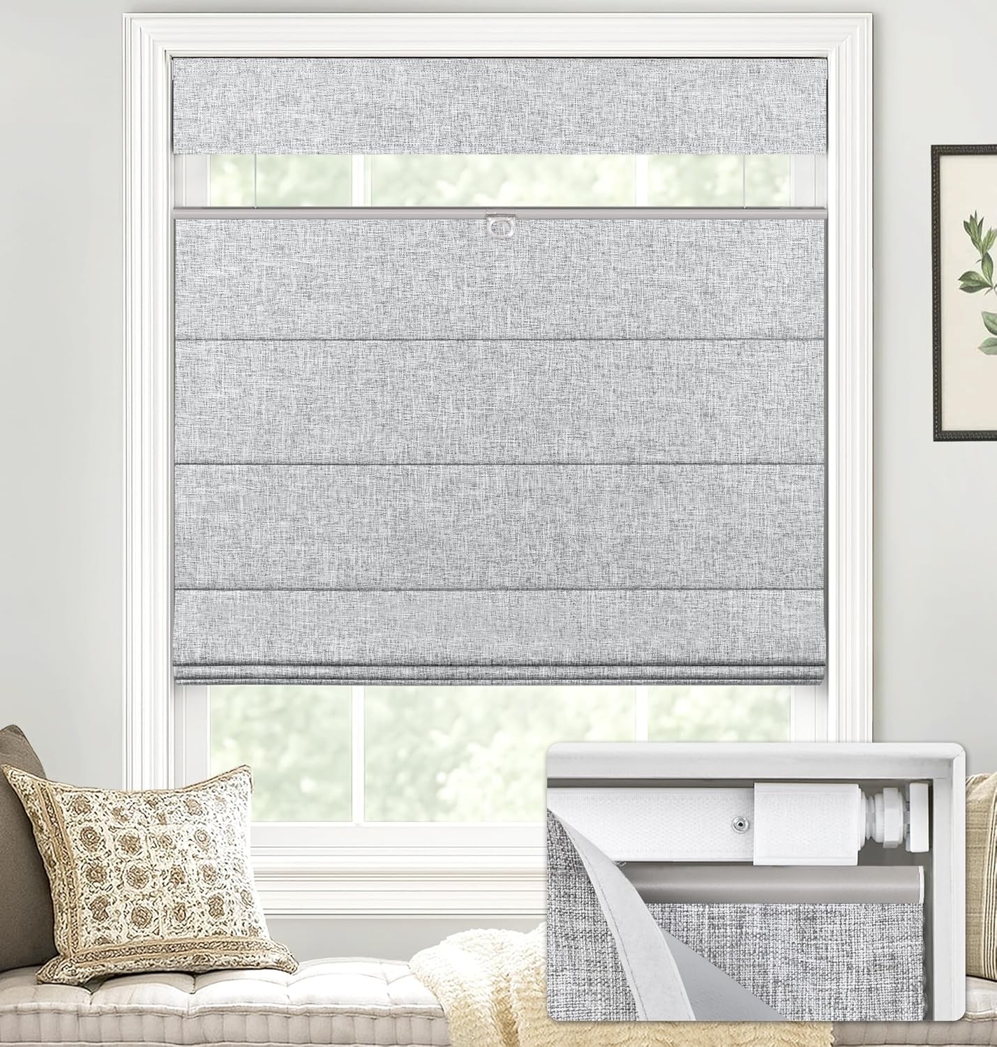 LazBlinds Cordless Roman Shades – No Drill Easy Install 36″ W x 64″ H, Blackout
