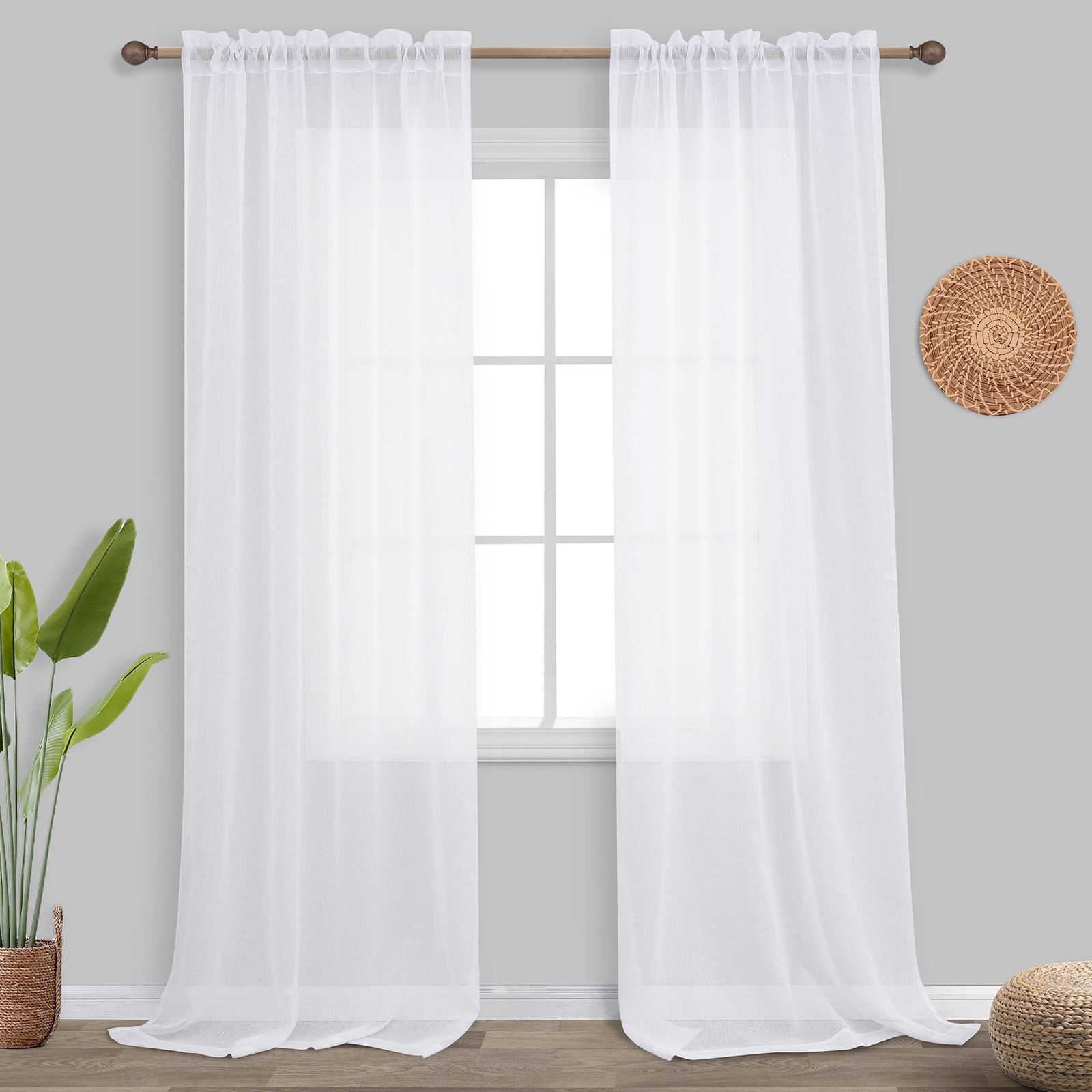 White Sheer Curtains 84 Inches Long 2 Panels,Gauze Cheese Cloth Linen Look Ro…