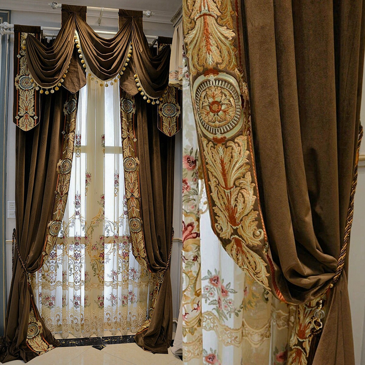 Custom Luxury flannelette velvet coffee cloth valance curtain tulle drape C1905