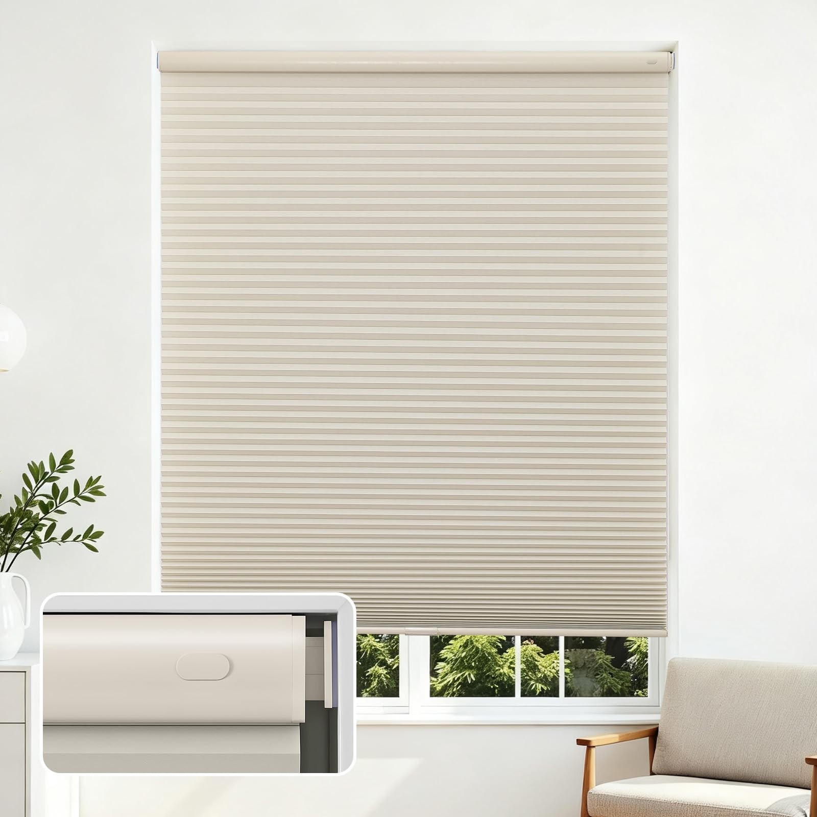 Joydeco No Drill Cordless Cellular Shades 36×64 Light Filtering Honeycomb Beige