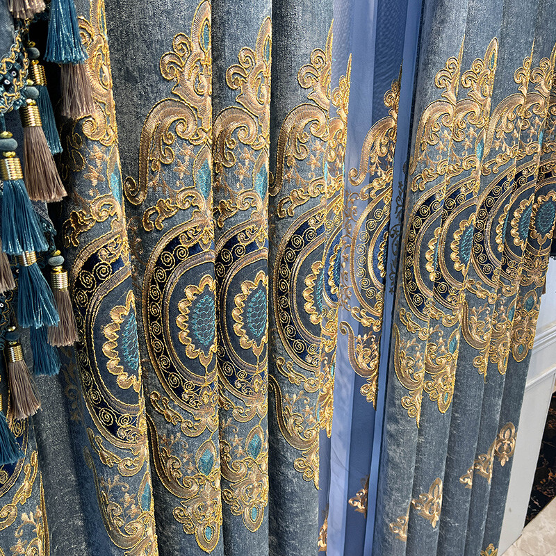 Custom European embroidery gray blue Chenille cloth curtain tulle valance C1592