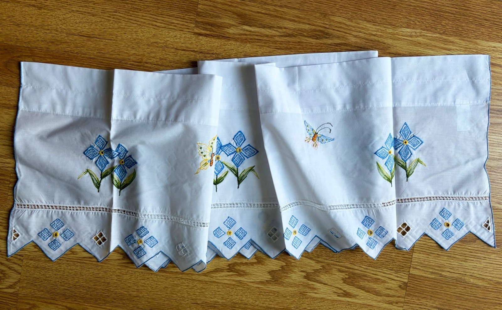 Embroidered Topper Valance Cutwork 12x68in. Butterflies Blue Flowers Rod Pocket