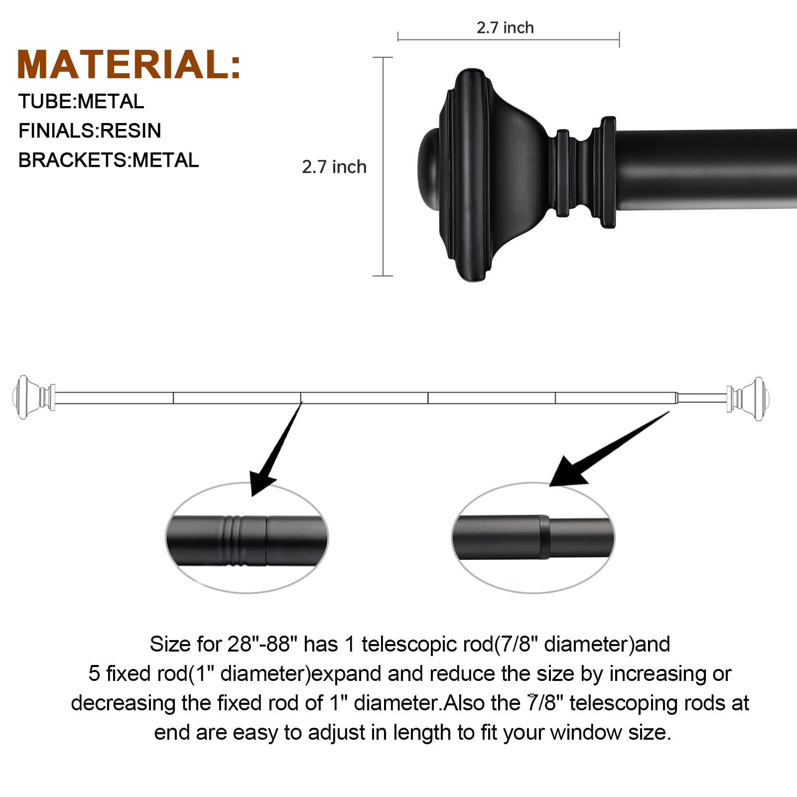 4884 Inch Black 1 Inch Adjustable Heavy Duty Curtain Rods Square Finials