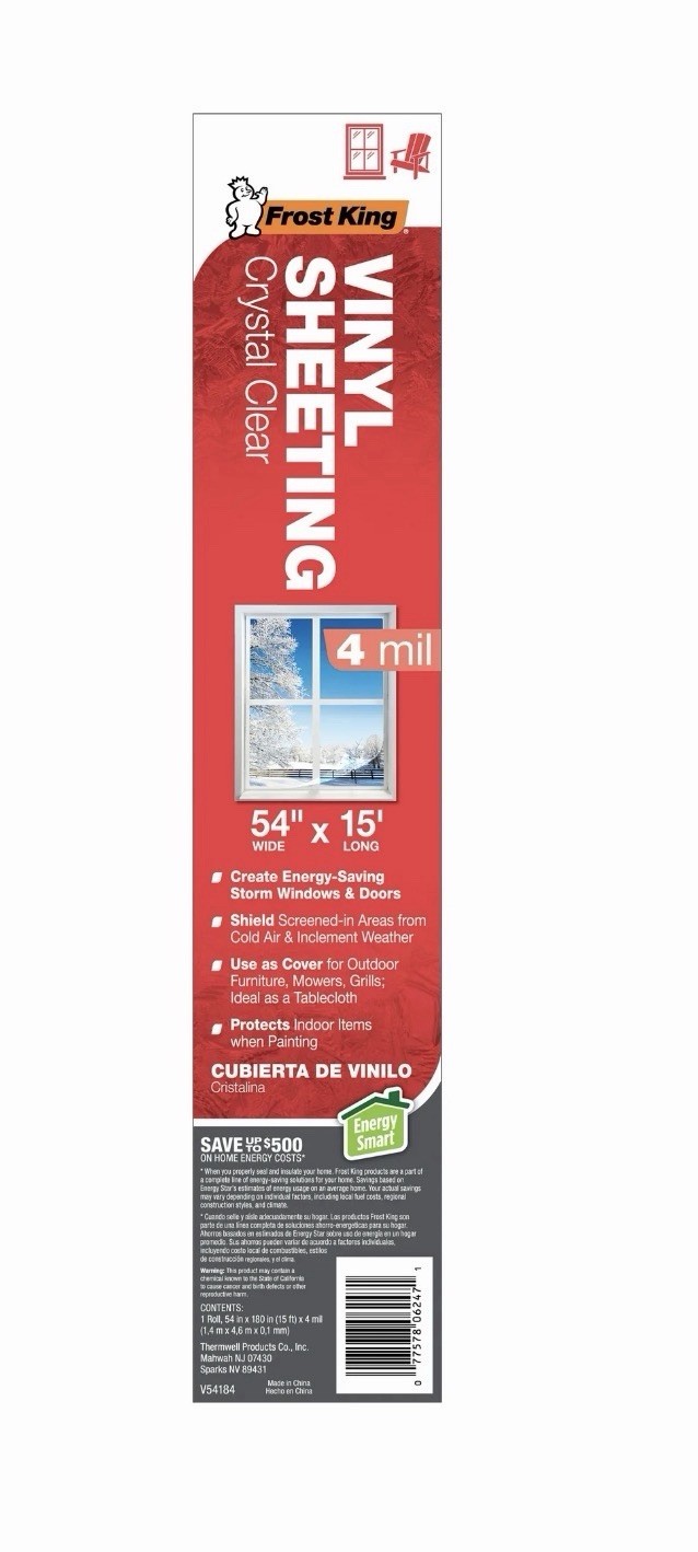 Frost King Crystal Clear Vinyl Sheeting / Protection Film, 54″ X 15′ X 4Mil New