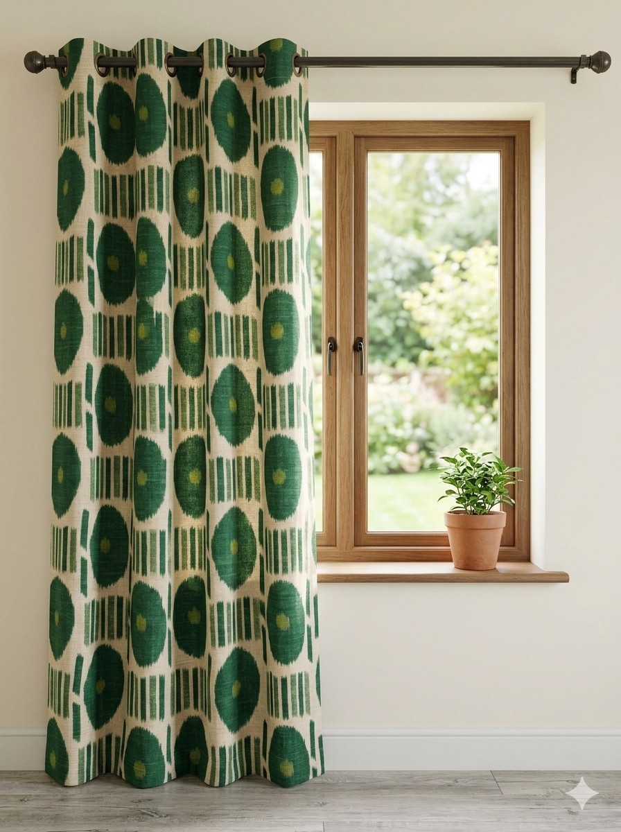 World Market Ikat Dot Panel 100% Cotton Green Beige 50in x 84in (1 Panel)