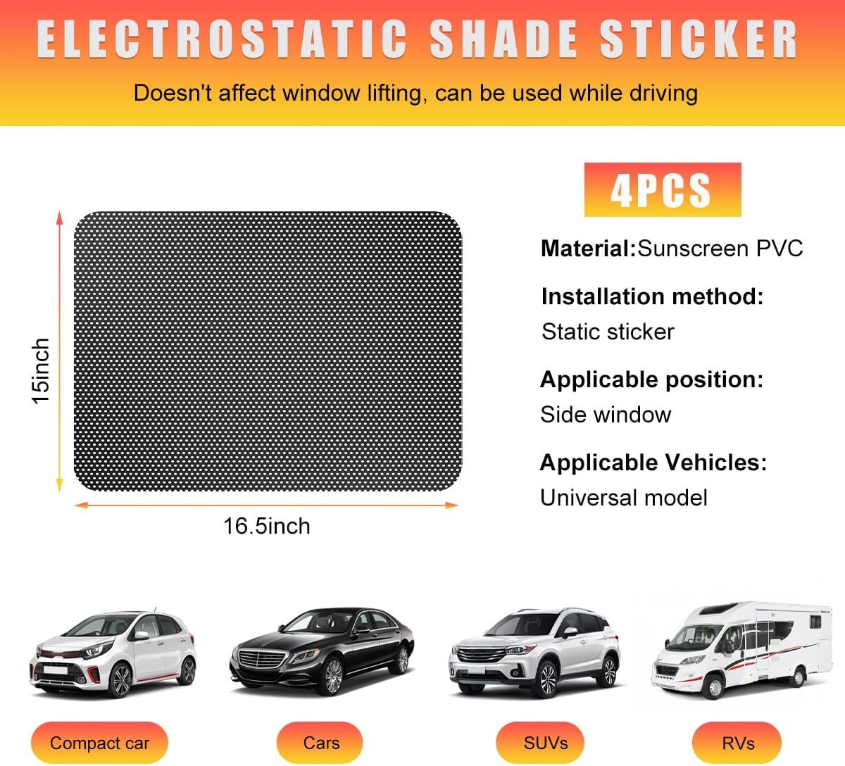 4 PCS Car Side Window Sunshade, 16.5″×15″ Static Cling Auto Shade Black
