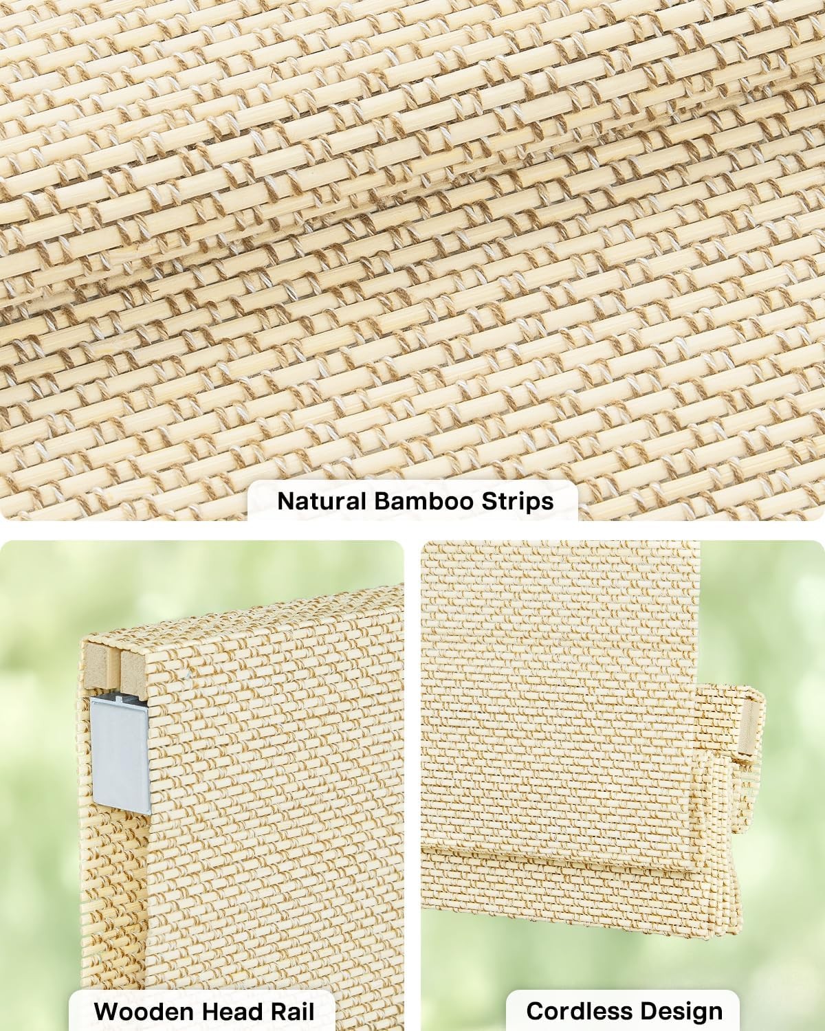 LazBlinds No Tools No Drill Cordless Bamboo Roman Shades 22” WX 64” H Star-Beige
