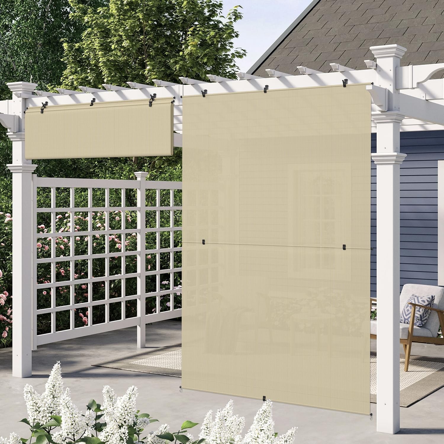 E&K Sunrise 7’W x 6’H Outdoor Roller Shades Patio Cordless Roll Up Blinds Fol…