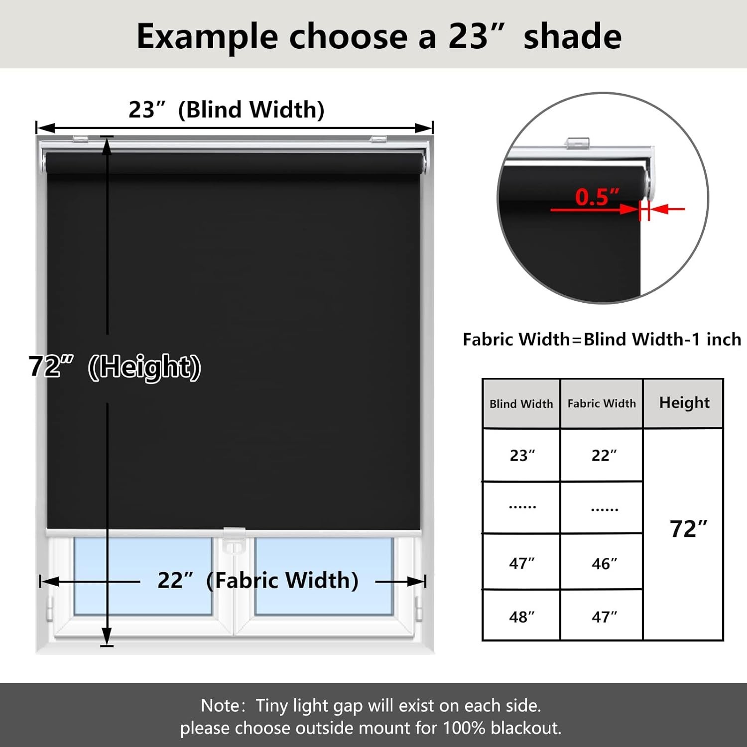 Cordless Blackout Roller Shades 23″ W x 72″ H – UV Protection for Home & Office