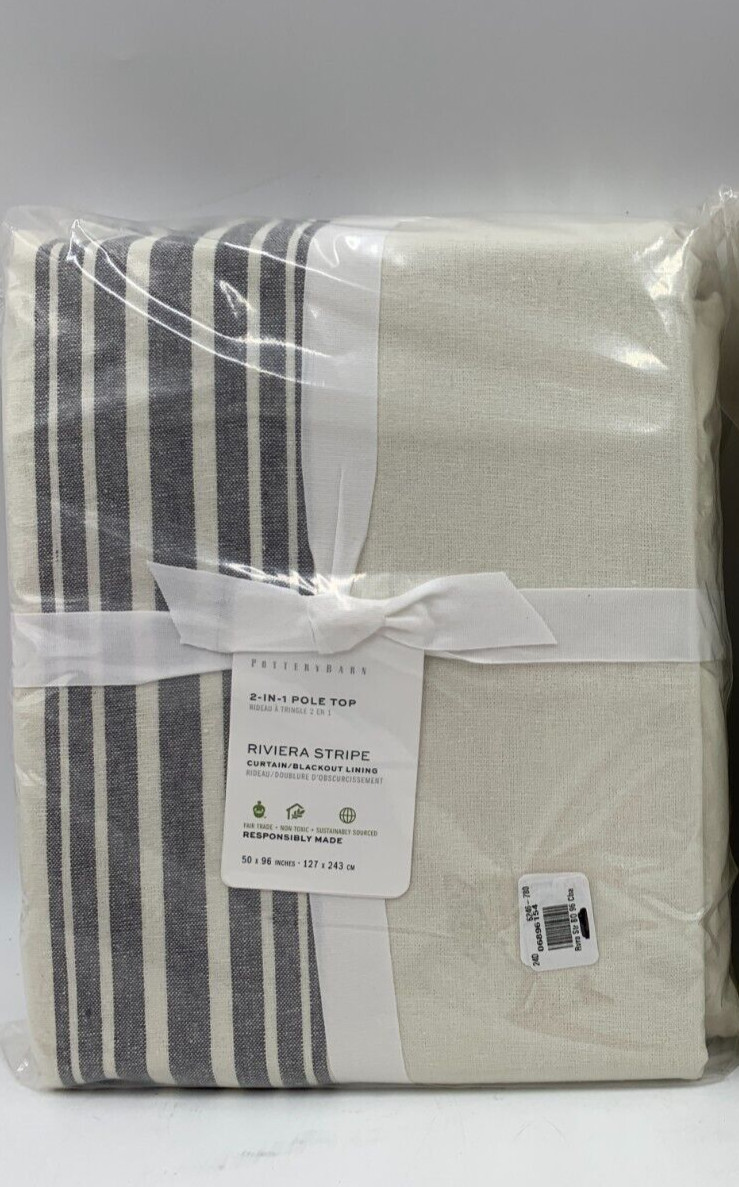 Pottery Barn Riviera Stripe Drape Panel Curtain Blackout Charcoal 96″ Q129