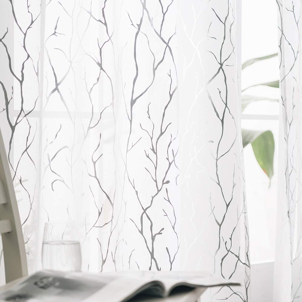 White Sheer Curtains 84 Inch Long Silver Foil Tree Branch White Curtain 2 Panels