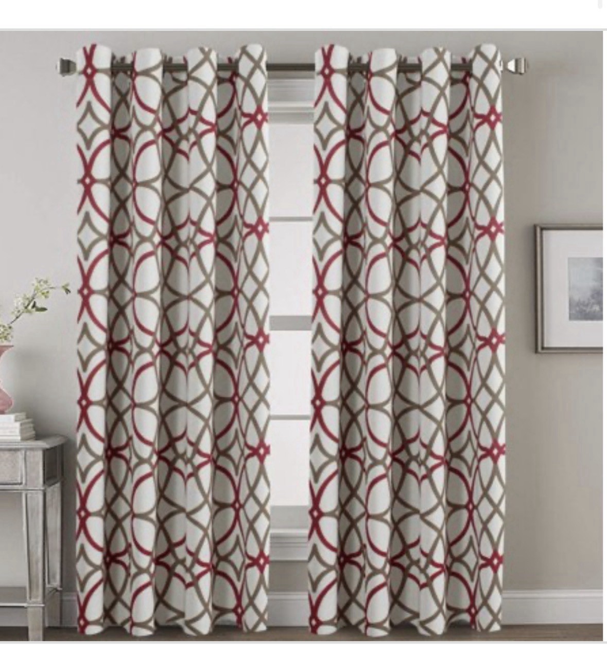 Set Of 2 Panels Blackout Curtains 52 X 108 Inches Elegant Print Taupe and Red