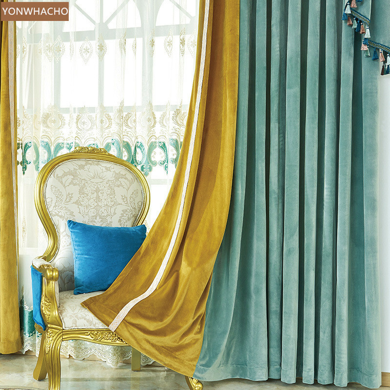 thick velvet stitching blue yellow cloth blackout curtain valance drape B660