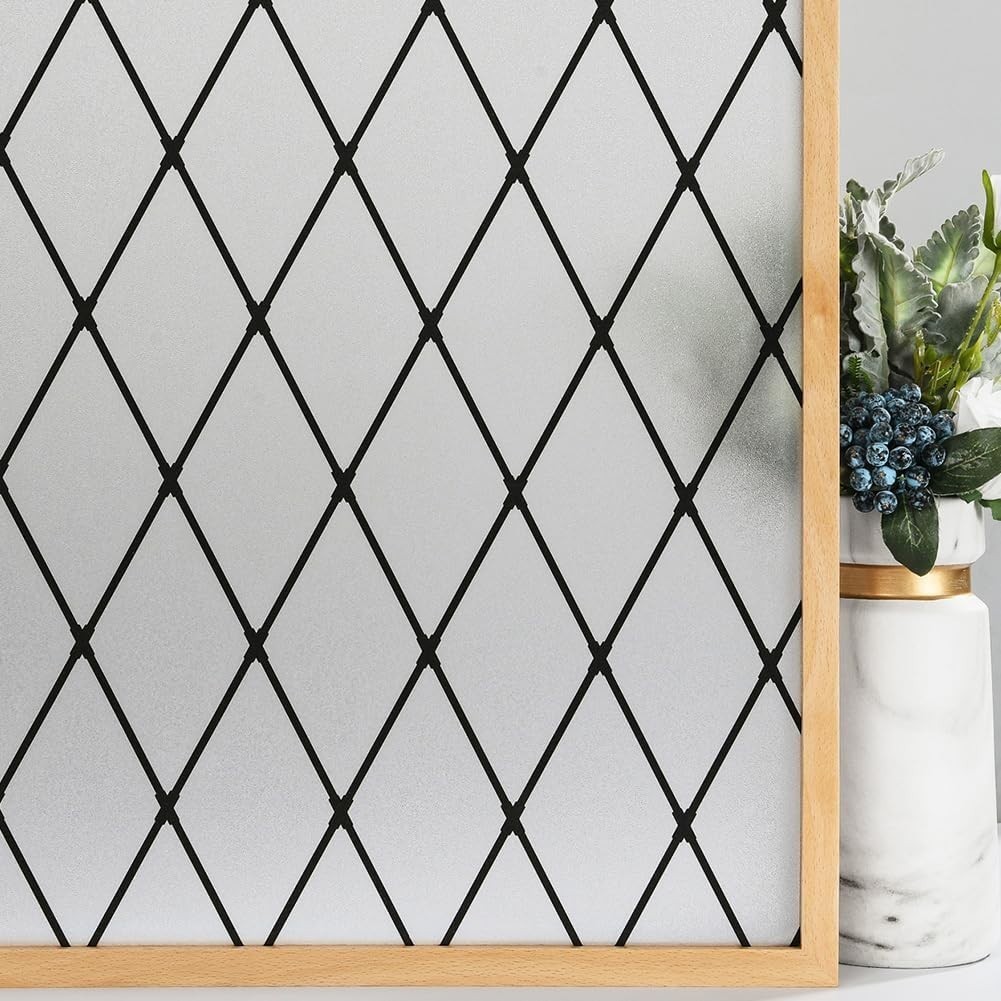 VELIMAX Frosted Black Lattice Window Film Static Cling Window Privacy Films Deco